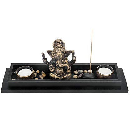 MyGift Mini Zen Garden with Ganesh Statue, Incense Stick Burner, Tealight Candle Holders, Decorative Rocks and Display Tray