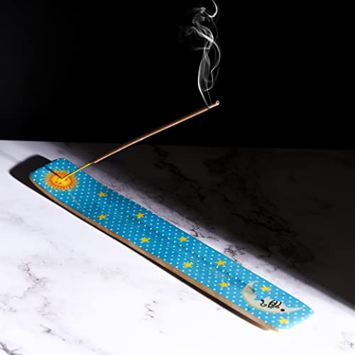 Bless-International Traditional-Handmade-Burner Wooden-Incense-Stick-Holder Ash-Catcher-Stand for-Aromatherapy-Meditation-Yoga (Moon & Stars) 10 Inches, Pack of 1 - color: Moon & Stars,10 Inch, size: One Holder
