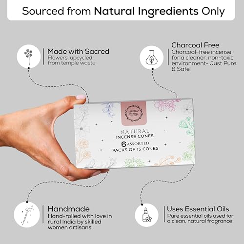 Raajsee Natural Incense Cones,6 Pack Mixed Scents Gift Pack 15 pc Each (90 Total), Insense Cones Variety Pack, 100% Organic Non Toxic Natural - Hand Rolled Free from Chemicals (Pack 3) - color: Pack 3