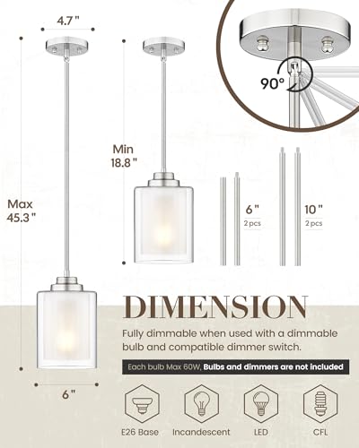 TENGXIN 6" Brushed Nickel Pendant Lights Kitchen Island, Dual Glass Shade - color: Brushed Nickel, Dual Glass, size: 6"