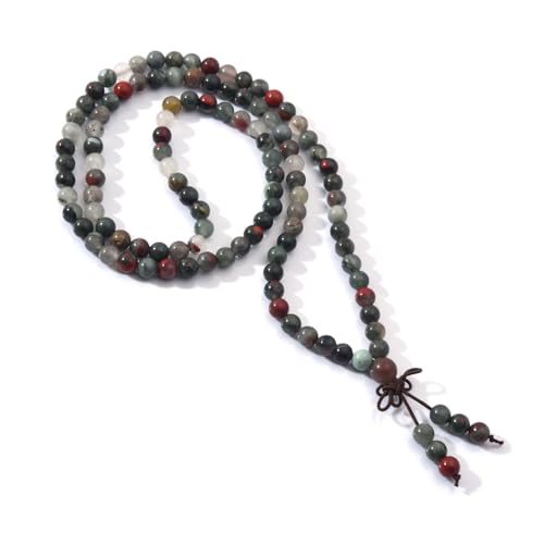 108 Mala Beads Stretch Bracelet 6mm Natural Gemstone Prayer Beaded Necklace - color: African Bloodstone