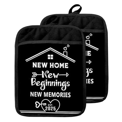 Housewarming Gifts Pot Holders with Pockets, New Home New Beginnings Memories Oven Pot Holders Heat Resistant Oven Mitts Hot Pads for Kitchen Baking Cooking - color: Black New Home