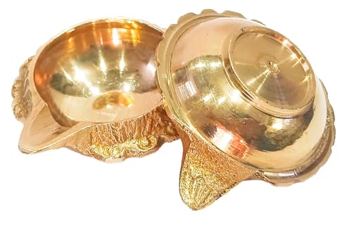 athizay Brass Diyas Pack of 2 for Pooja Virgin Brass Indian Diya Set Oil lamp Sets for Gifting Home Decor Vilakku (Kuber Diya Set 2)