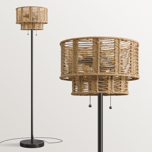 OYEARS 60" Farmhouse Floor Lamps for Living Room, Pull Chain&Rattan Shade