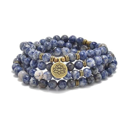 108 Natural Stone Mala Beads Yoga Bracelet with Lotus Charm - style: Sodalite