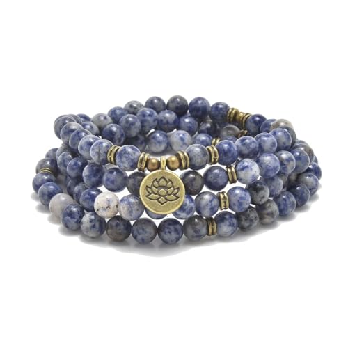 108 Natural Stone Mala Beads Yoga Bracelet with Lotus Charm - style: Sodalite