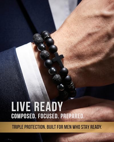 Mens Beaded Bracelets, Cross Bracelet for Men with Hematite Black Obsidian Lava Stone Triple Protection Bracelets for Men - size: Small, style: Cross