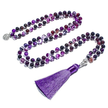 108 Mala Prayer Beads Necklace Natural Stones Meditation Yoga Jewery 108 Hand Knotted Japa Mala Beaded Long Tassel Necklace with Tree of Life Pendant for Men and Women - color: purple(Purple striped agate)