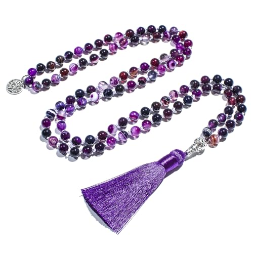 108 Mala Prayer Beads Necklace Natural Stones Meditation Yoga Jewery 108 Hand Knotted Japa Mala Beaded Long Tassel Necklace with Tree of Life Pendant for Men and Women - color: purple(Purple striped agate)