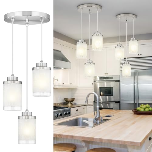 TENGXIN 3-Light Brushed Nickel Pendant Lights Kitchen Island, Frosted Glass - color: Brushed Nickel, Linen Frosted Glass, size: 4", 3-Light