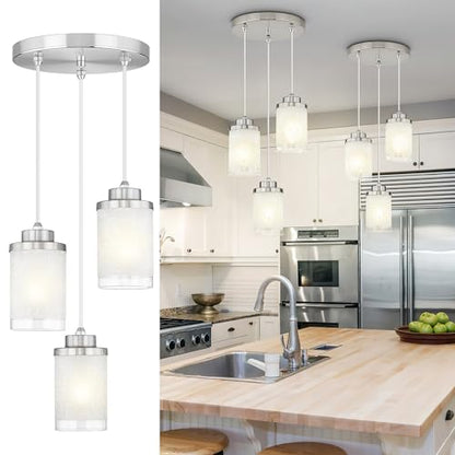 TENGXIN 3-Light Brushed Nickel Pendant Lights Kitchen Island, Frosted Glass - color: Brushed Nickel, Linen Frosted Glass, size: 4", 3-Light