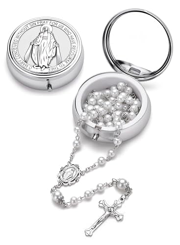 Rosary for Women with Case and 18pcs Prayer Cards, First Communion Gifts for Girls, Glass Pearl Beads and Virgin Mary Medal, Catholic Gifts - color: White