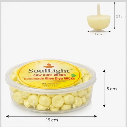 SoulLight Cow Ghee Diya Wicks (100 Pieces) | Handmade Ready-to-Use Pooja Batti | Wax-Free Traditional Diya Wicks | Made in India