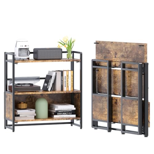 Folding Bookshelf 3 Tiers No Assembly Vintage Wood Storage,Rustic Brown - color: Rustic Brown-kqw, size: 3-tier