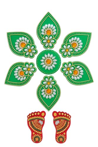Acrylic Deepak Diwali Rangoli with Laxmi Charan Pagla | Diwali Floor Decorations Table Decoration Studded Stones Sequins Traditional Festive Home Door Décor (Design4)