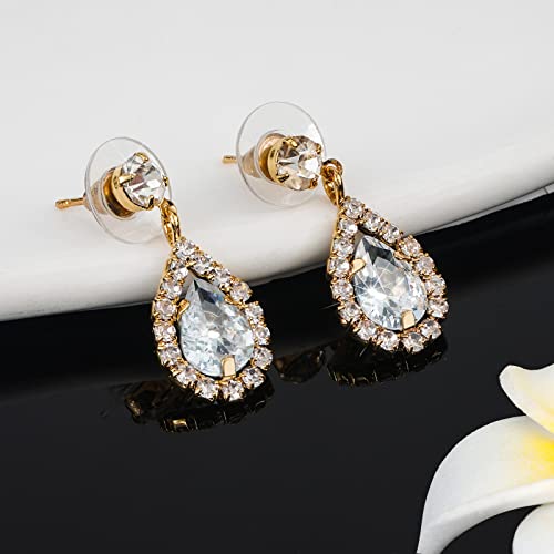 CIEHER 4/5 Pieces Women Jewelry Set - Rhinestone Crown + Drop Necklace + Elegant Bangle Bracelet + Crystal Teardrop Dangle Earrings for Bridal Wedding Party - color: Gold
