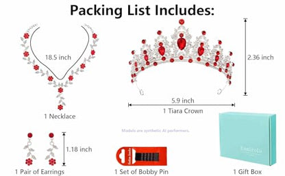 Kamirola Tiaras and Crowns for Women,Tiaras Earrings Necklace, Crystal Bridal Jewelry Set, Costume Party Halloween Prom Pageant Jewelry for Women(TR45) - color: Silver Red