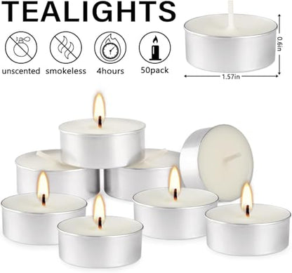 Unscented Tealight Candles 50 Pack, 4 Hours Smokeless Dripless White Mini Tea Lights Bulk for Home, Wedding, Party, Shabbat, Christmas & Emergency Use - color: White, size: 50 Pack