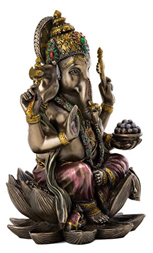 Top Collection Ganesh Statue Sitting on Lotus Pedestal - Lord of Success Sculpture in Premium Cold Cast Bronze with Colored Accents - 7.25-Inch Collectible Hindu God Ganesha Figurine