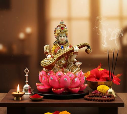 eSplanade Saraswati on Lotus | Saraswati Goddess Murti Idol Statue Sculpture Figurine - Resin - Multi - 10.5" Inches