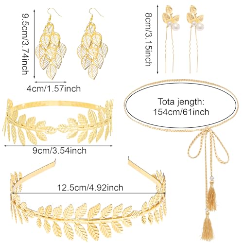 9 Pcs Greek Goddess Accessories for Women Golden Roman Laurel Leaf Crown Headband Upper Arm Cuff Bracelet Pearl Drop Earrings Necklace Toga Waist Belt Toga Costume Jewelry for Bridal Bridesmaid Wedding Party - style: Classic