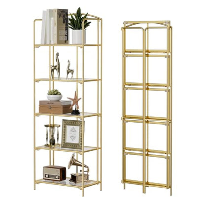Crofy 5-Tier Foldable Bookshelf, Gold Frame & Transparent Shelves - color: Gold Frame & Transparent Shelf, size: 5 Tier