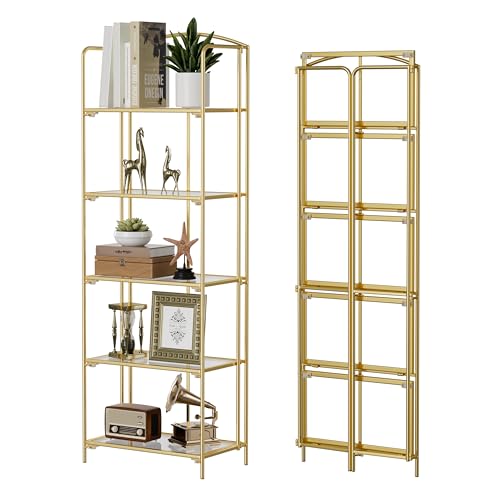Crofy 5-Tier Foldable Bookshelf, Gold Frame & Transparent Shelves - color: Gold Frame & Transparent Shelf, size: 5 Tier