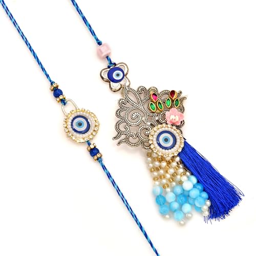 Premium Designer Bhaiya Bhabhi Rakhi Set with Lumba, Greeting Card, Roli Chawal & Fridge Magnet - color: Design-4