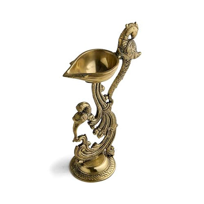 Esplanade Brass Peacock Design Diya - Traditional Festive Decor, Solid Heavy Brass Oil Lamp, Elegant Royal Aesthetic for Diwali, Wedding, Housewarming, Pooja Room - Handcrafted Decorative Showpiece