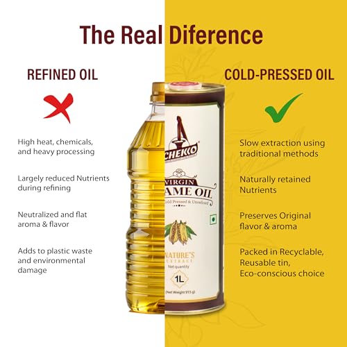 Chekko Cold Pressed Sesame Oil (Virgin, Kachi Ghani, Chekku) - 1L - 2 Pack - size: 33.8 Fl Oz (Pack of 2)