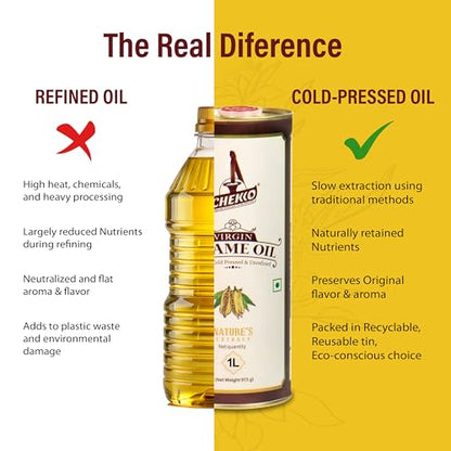 Chekko Cold Pressed Sesame Oil (Virgin, Kachi Ghani, Chekku) - 1L - 2 Pack - size: 33.8 Fl Oz (Pack of 2)