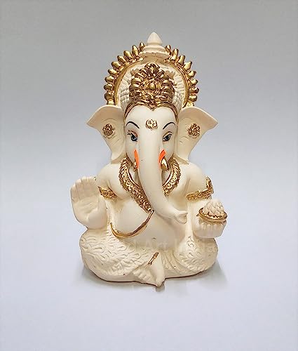 Gold Art India Peach Ivory Finish Ganesha Idol Car Dashboard IdolGanesha Murti Ganpati Idol for Home Decor Puja Lord Ganesh Statue Gift for Office Desk Puja Room Figurine - color: Peach Ivory