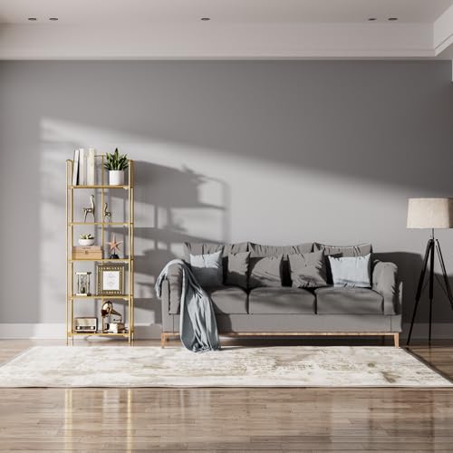 Crofy 5-Tier Foldable Bookshelf, Gold Frame & Walnut Shelves - color: Gold Frame & Walnut Shelf, size: 5 Tier