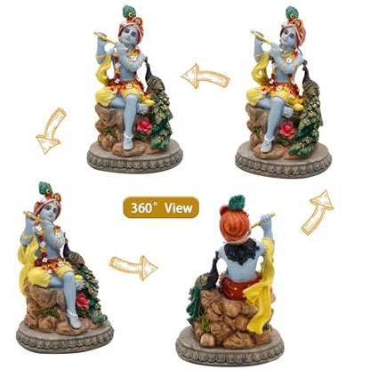 alikiki Hindu God Krishna Statue - 5.5”H India Lord Krishna Idol Play the Flute w/Peacock Murti Item Home Office Temple Mandir Shrine Altar Pooja Decor Diwali Puja Decor Gifts for Indian Friend