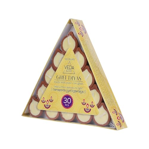 Welburn Veda&Co™ Pure Cow Ghee Diya for Puja - 30 Pieces, 45 Minutes Burn Time, Clarified Butter Filled, Paraffin Free, Clay Diya Lamp, Ready to Use Diya, Yoga & Meditation, Eco Friendly Pooja Diyas