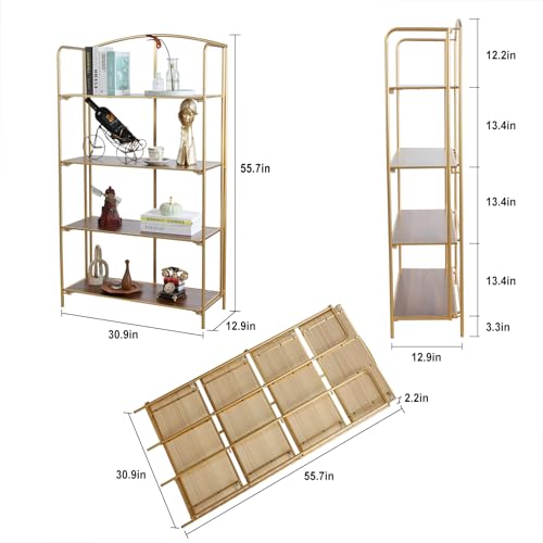 Crofy 4-Tier Wider Foldable Bookshelf, Gold Frame & Walnut Shelves - color: Gold Frame & Walnut Shelf, size: 4 Tier Wider