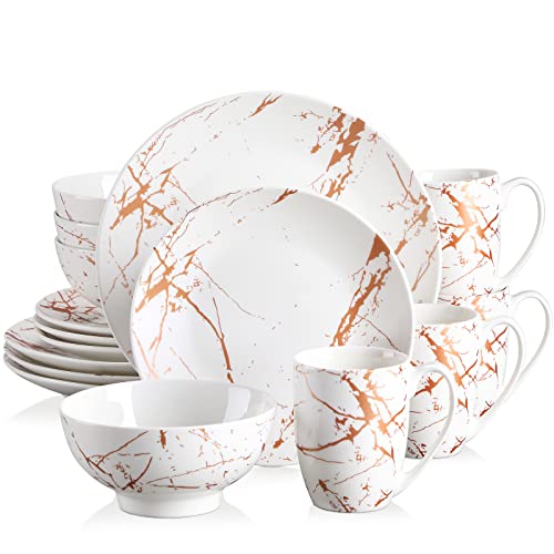 LOVECASA White Dinnerware Sets for 4, 16 Piece Porcelain Dish Set Plates and Bowls Sets, Gold Splash Glaze Ceramic Dinner Set with Mugs, Dishwasher Microwave Safe - color: White_Gold, size: 16 Piece (Service for 4)