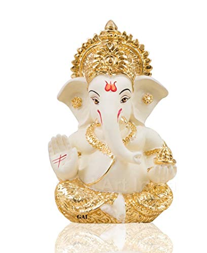 Gold Art India Gold and Silver Ganesh Idol for Car Dashboard Ganesha Murti Ganpati Idol for Home Decor Puja Lord Ganesh Statue Gift for Office Desk Puja Room Figurine (Gold and Cream) - color: Gold and Cream