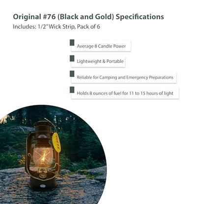 Light of Mine - Dietz #76 Original Black with Gold Trim Oil Lantern Bundle Including 6-Pack of 100% Cotton 1/2" Replacement Wick Strips (#76, BLK & G) - style: Black with Gold Trim