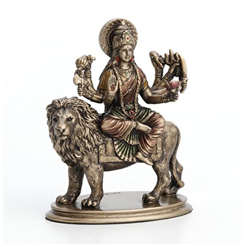 Veronese Design 3 3/4" Hindu Goddess Durga Riding on Lion Miniature Statue Resin Hand Painted Figurine
