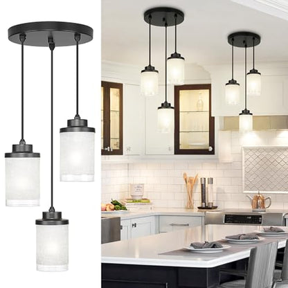 TENGXIN 3-Light Matte Black Pendant Lights Kitchen Island, Frosted Glass - color: Matte Black, Linen Frosted Glass, size: 4", 3-Light