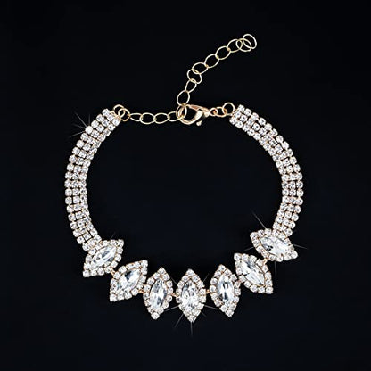 CIEHER 4/5 Pieces Women Jewelry Set - Rhinestone Crown + Drop Necklace + Elegant Bangle Bracelet + Crystal Teardrop Dangle Earrings for Bridal Wedding Party - color: Gold