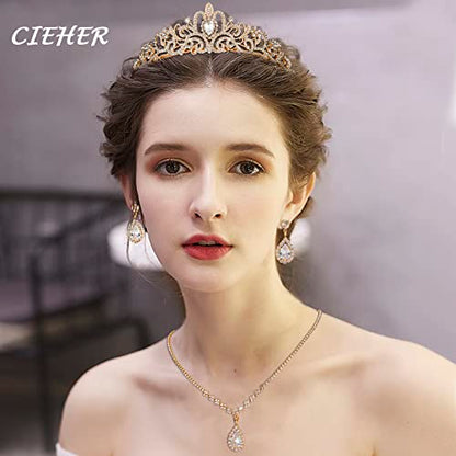 CIEHER 4/5 Pieces Women Jewelry Set - Rhinestone Crown + Drop Necklace + Elegant Bangle Bracelet + Crystal Teardrop Dangle Earrings for Bridal Wedding Party - color: Gold