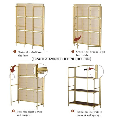 Crofy 3-Tier Wider Foldable Bookshelf, Gold Frame & Walnut Shelves - color: Gold Frame & Walnut Shelf, size: 3 Tier Wider