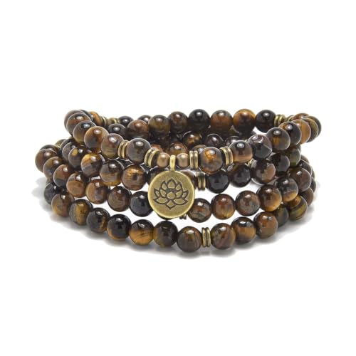 108 Natural Stone Mala Beads Yoga Bracelet with Lotus Charm - style: Brown Tiger Eye