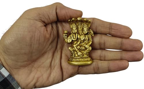 2.25 Inches Solid Brass Laxmi Narayan Murti | Lord Vishnu & Goddess Lakshmi Seated on Shesh Nag in Blessing Pose | Small Idol for Home Temple, Puja Room & Diwali Gift - size: Laxmi-Narayan