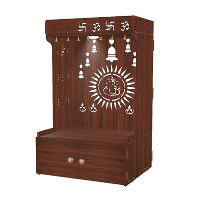 Divine Wooden Home Temple with Spacious Shelf & Inbuilt Focus Light, Temple for Home/Office Large Brown - color: Brown, size: Large