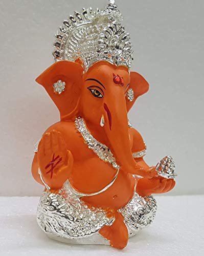India 24K Silver Plated Orange Terracotta Ganesha Statue for Car Dashboard God Ganesh Murti Ganpati Idol Figurine