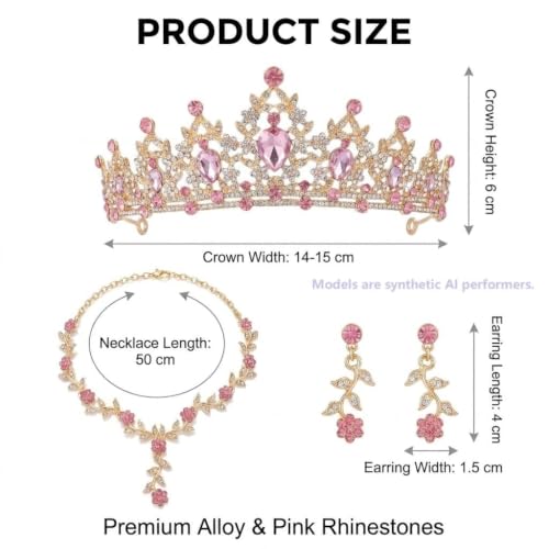 Kamirola Tiaras and Crowns for Women,Tiaras Earrings Necklace, Crystal Bridal Jewelry Set, Costume Party Halloween Prom Pageant Jewelry for Women(TR45) - color: Gold Pink