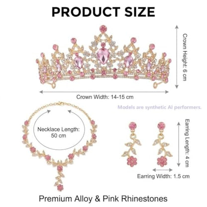 Kamirola Tiaras and Crowns for Women,Tiaras Earrings Necklace, Crystal Bridal Jewelry Set, Costume Party Halloween Prom Pageant Jewelry for Women(TR45) - color: Gold Pink